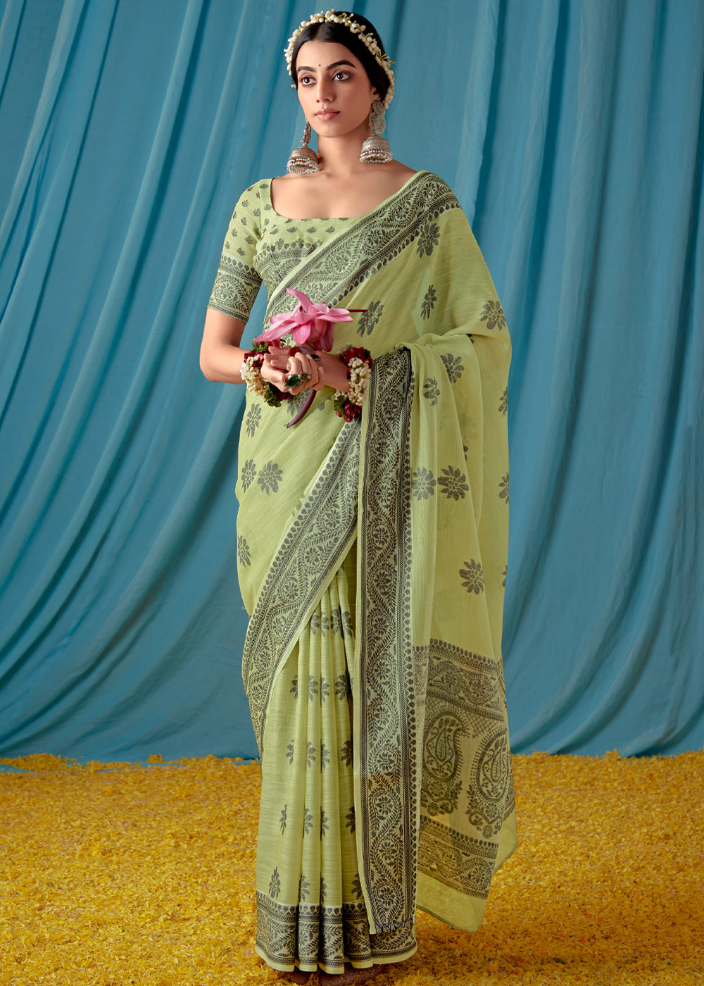 Buy MySilkLove Barley Corn Green Woven Banarasi Linen Silk Saree Online