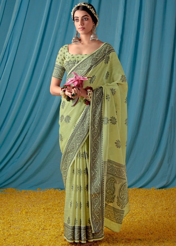 Barley Corn Green Woven Banarasi Linen Silk Saree
