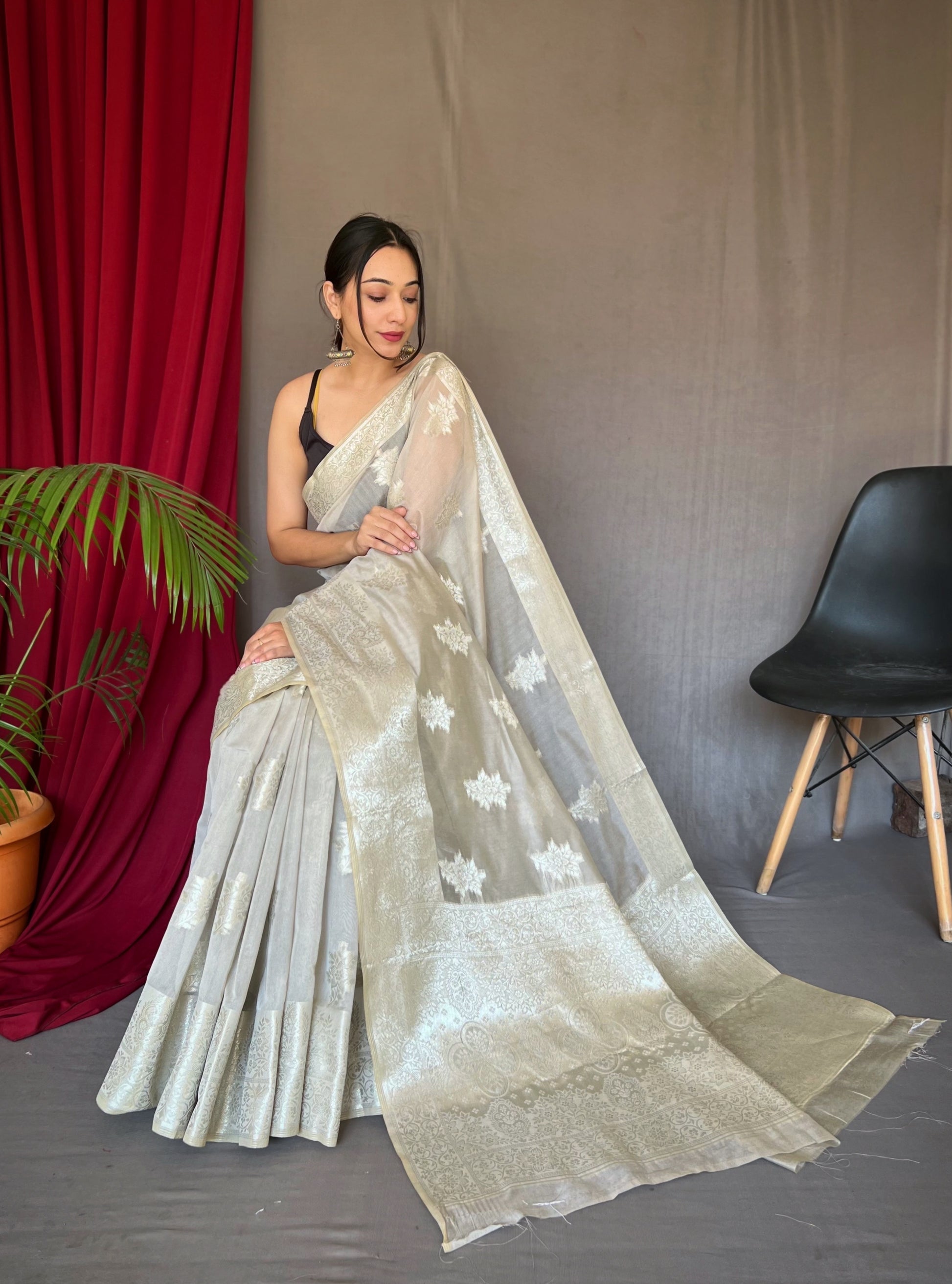 Buy MySilkLove Grey Olive Gold Woven Cotton Saree Online