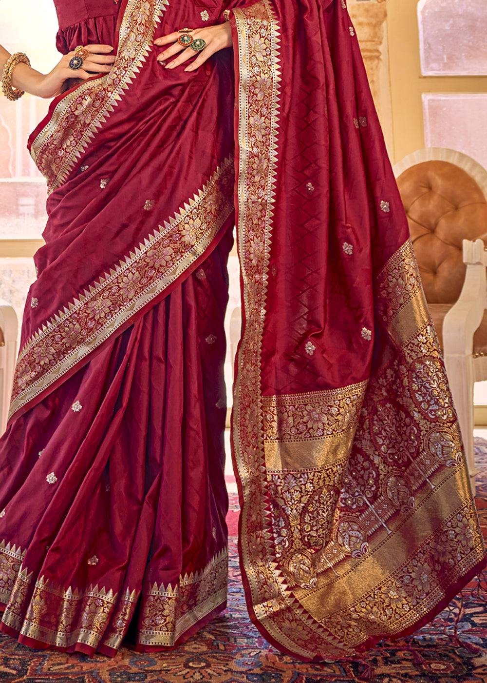 Buy MySilkLove Claret Maroon Woven Banarasi Satin Silk Saree Online