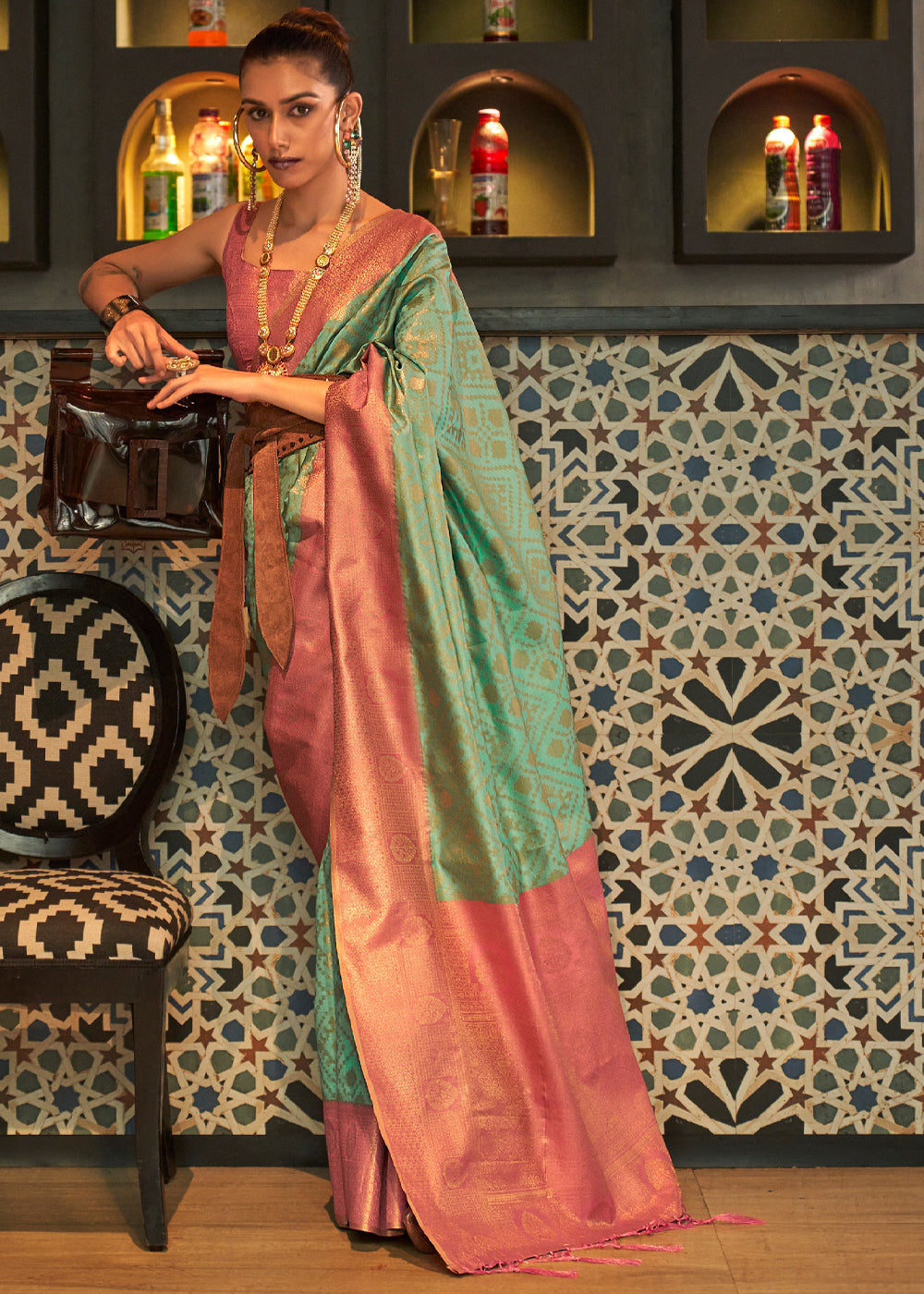 Buy MySilkLove Swamp Green and Pink Banarasi Woven Silk Saree Online