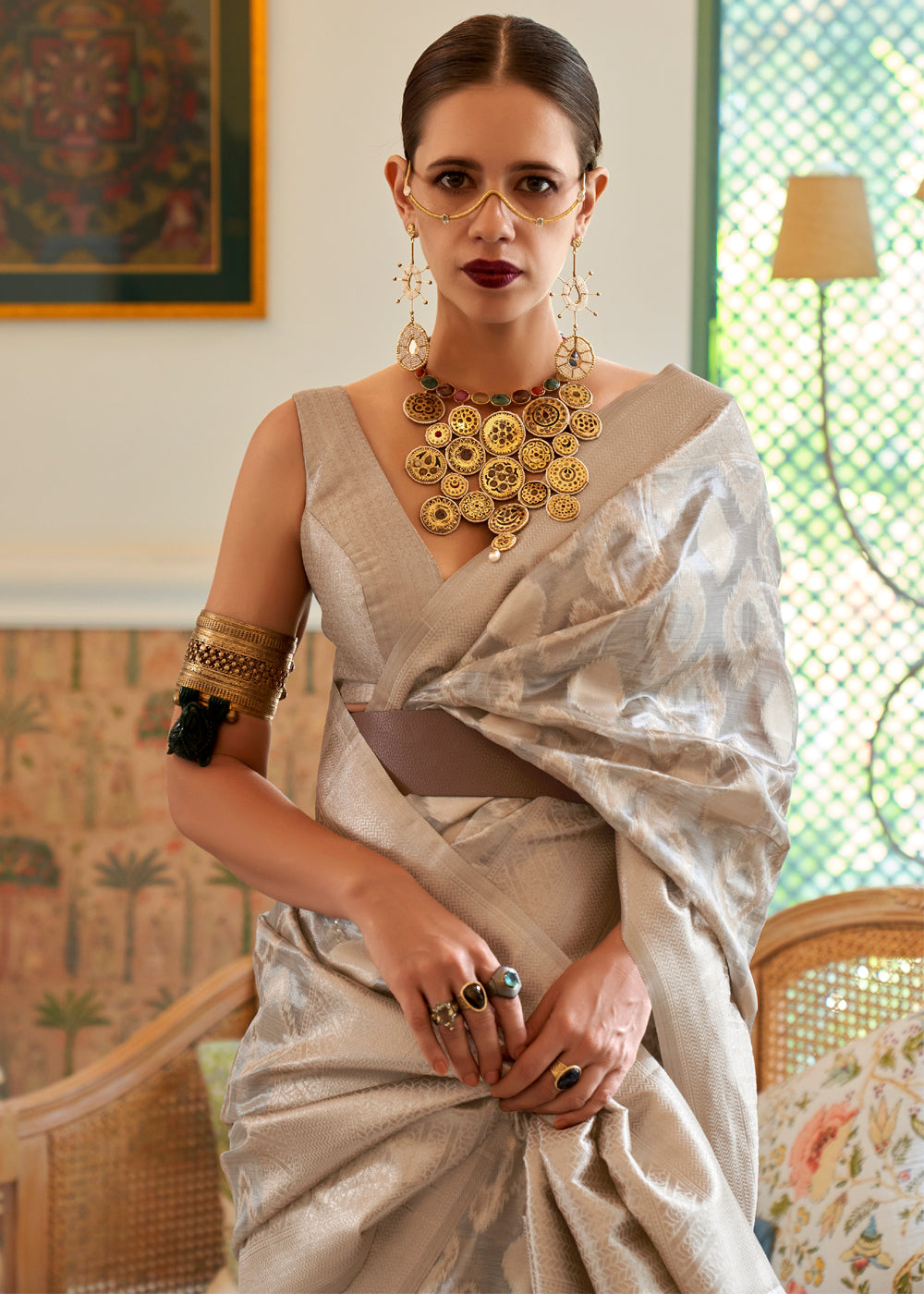 Buy MySilkLove Sorrell Grey Woven Banarasi Tissue Silk Saree Online