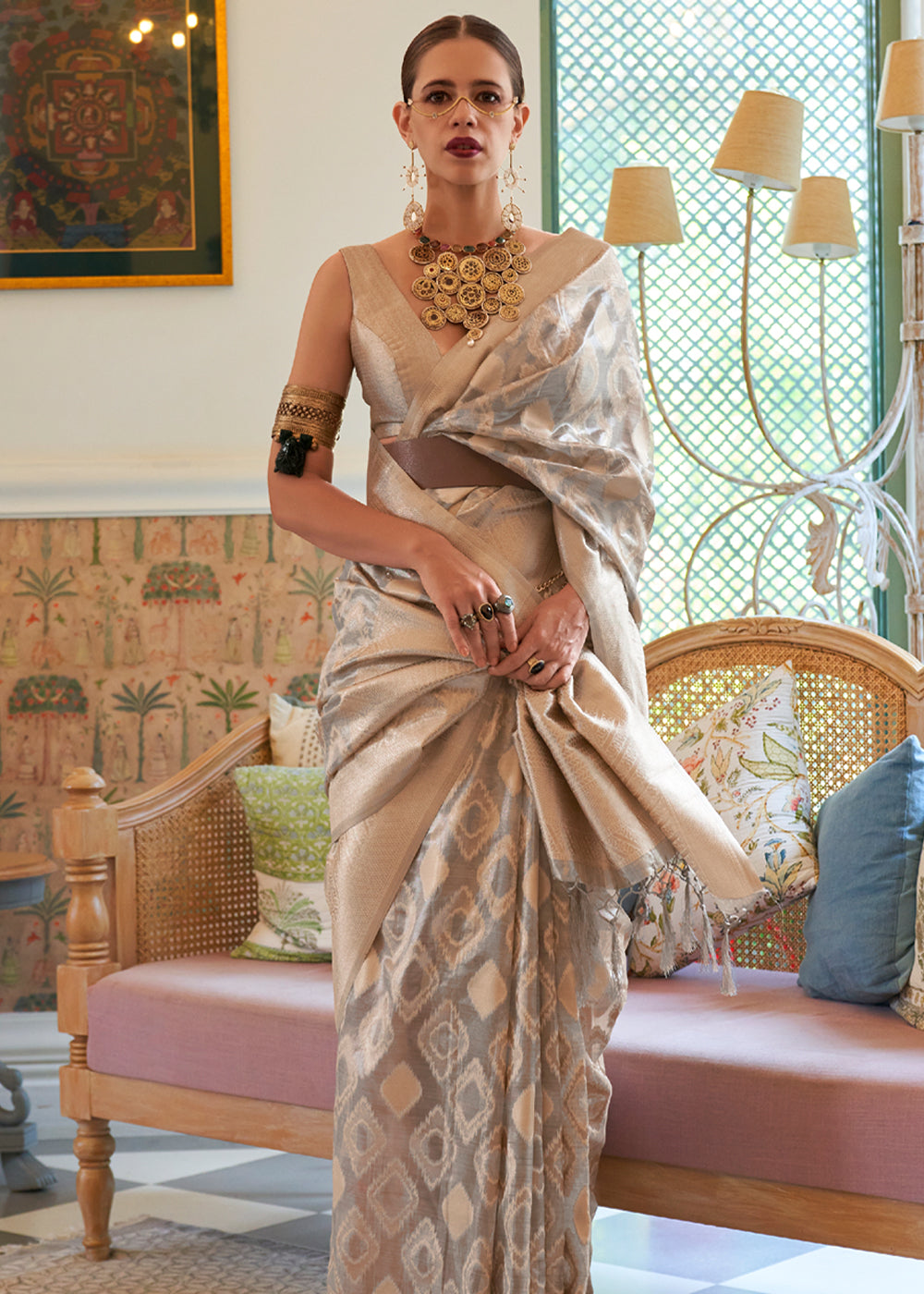 Buy MySilkLove Sorrell Grey Woven Banarasi Tissue Silk Saree Online