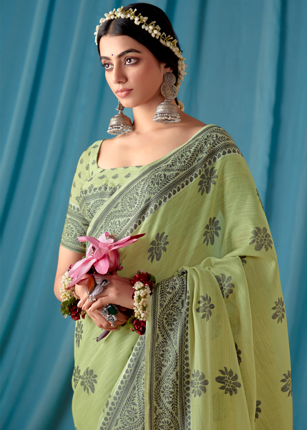 Buy MySilkLove Barley Corn Green Woven Banarasi Linen Silk Saree Online