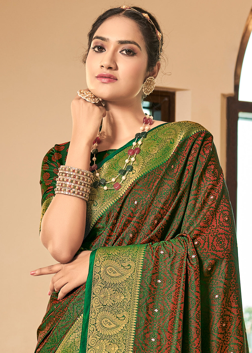 Buy MySilkLove Costa Del Sol Green Bnaarasi Woven Two Tone Saft Silk Saree Online