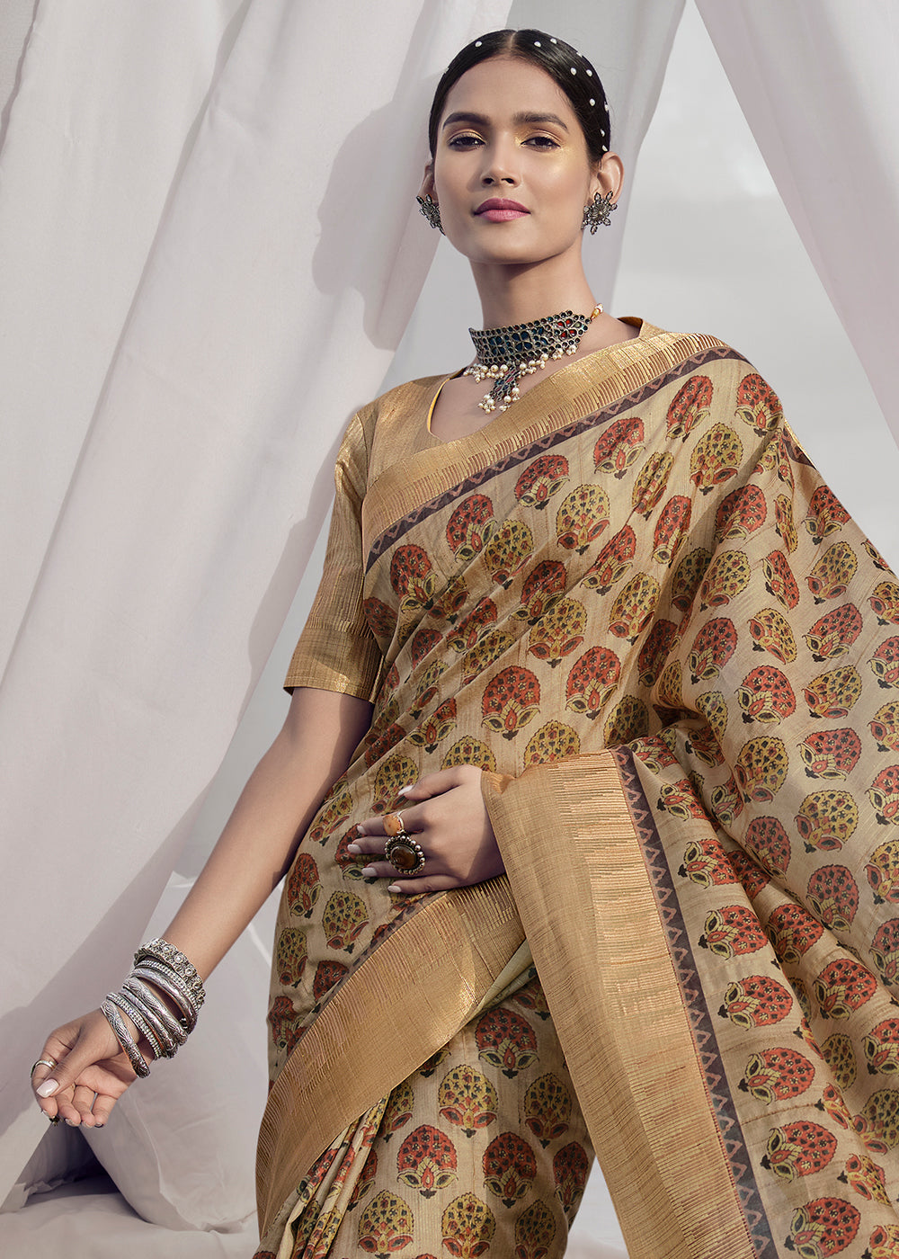 Buy MySilkLove Twine Brown Printed Designer Silk Saree Online