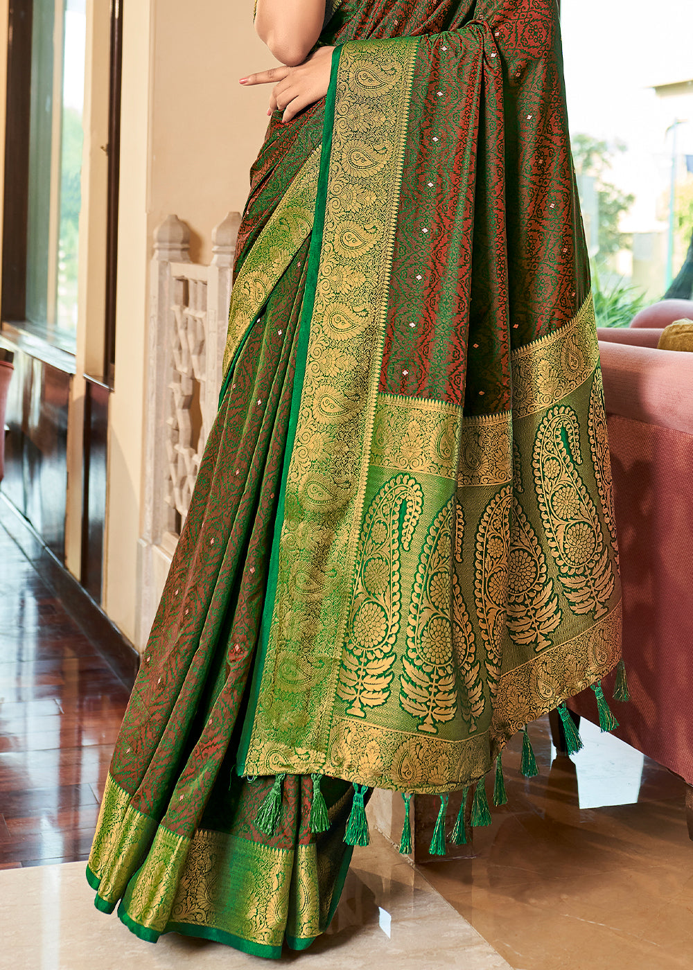 Buy MySilkLove Costa Del Sol Green Bnaarasi Woven Two Tone Saft Silk Saree Online