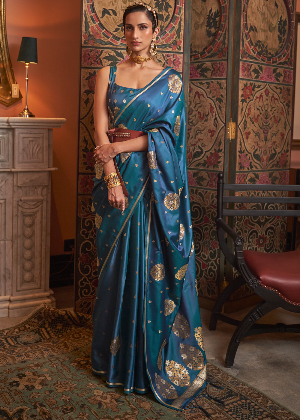 Buy MySilkLove Kashmir Blue Woven Satin Silk Saree Online