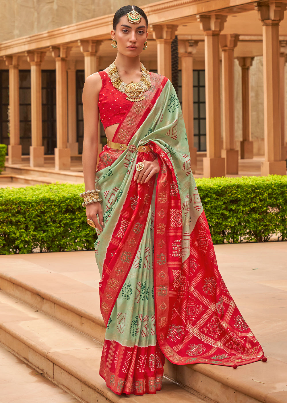 Buy MySilkLove Coral Reef Green and Red Patola Silk Saree Online