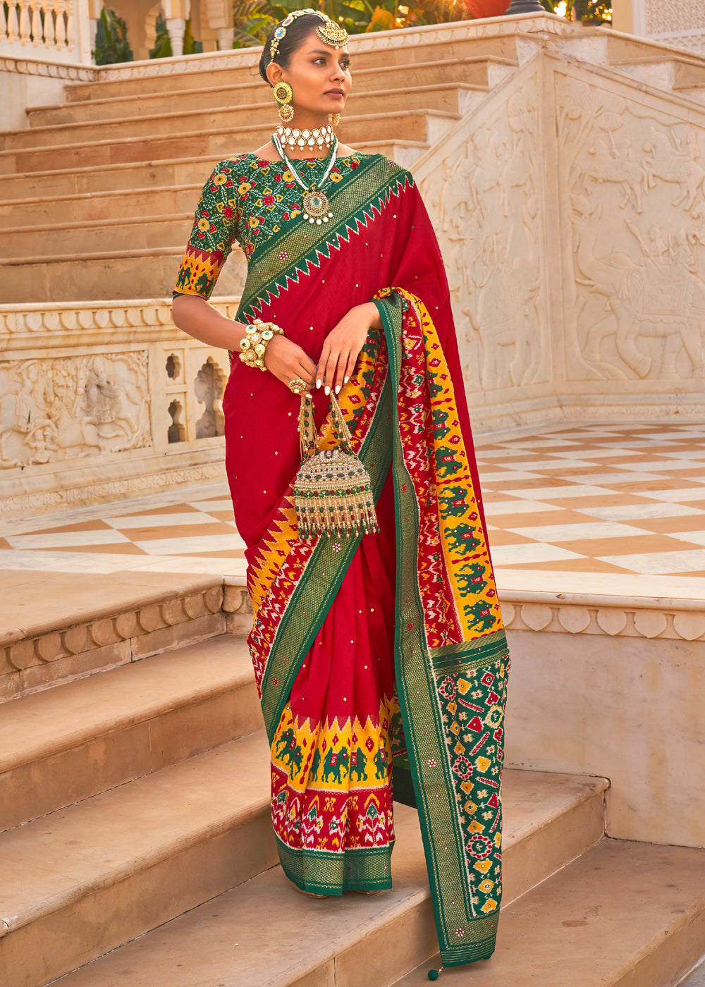 Buy MySilkLove Rusty Red and Green Woven Patola Silk Saree Online