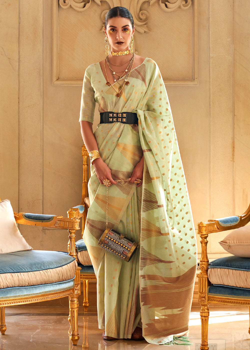 Buy MySilkLove Winter Hazel Green Banarasi Woven Tissue Silk Saree Online