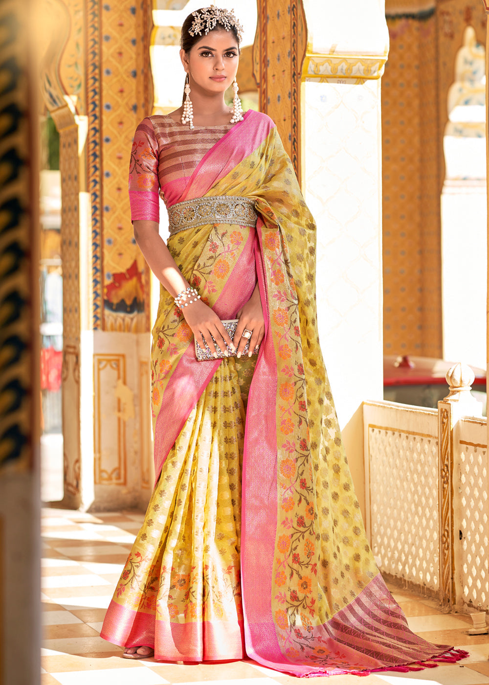 Buy MySilkLove Equator Yellow and Pink Banarasi Tissue Woven Silk Saree Online