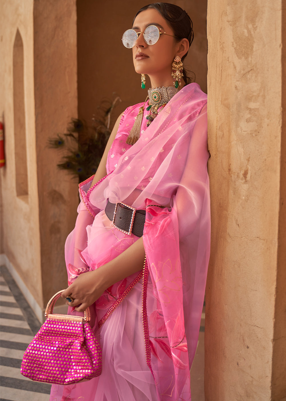 Buy MySilkLove Petite Pink Digital Print Organza Saree Online