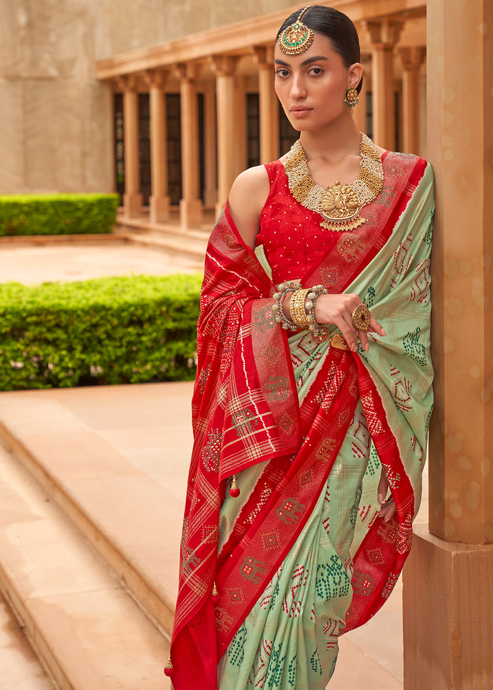 MySilkLove Coral Reef Green and Red Patola Silk Saree