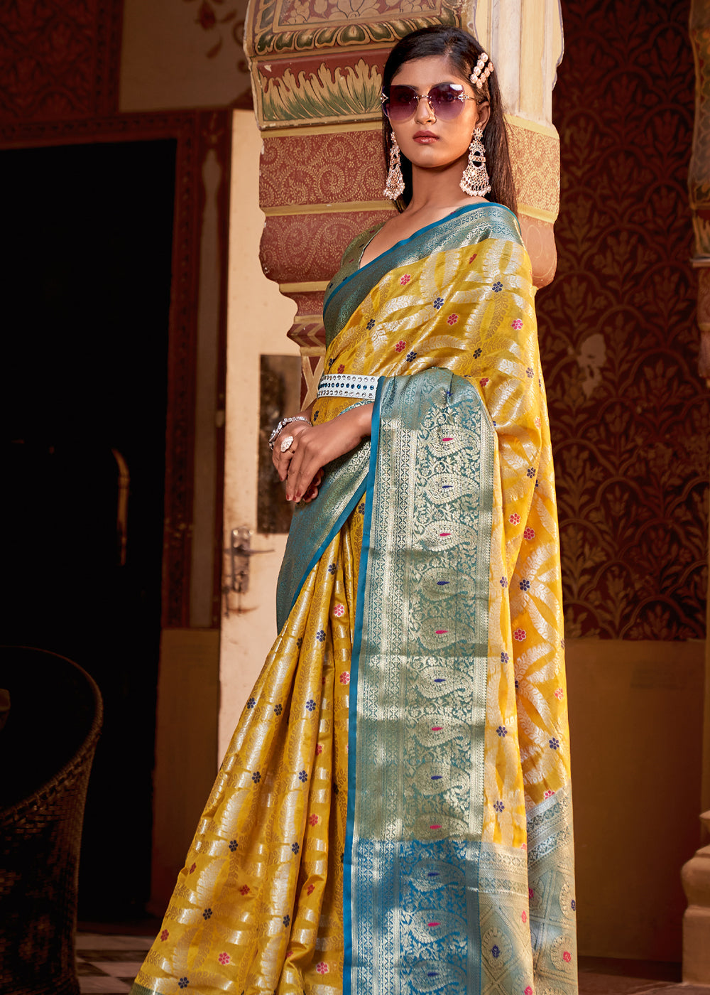 Buy MySilkLove Turmeric Yellow Banarasi Tissue Woven Silk Saree Online