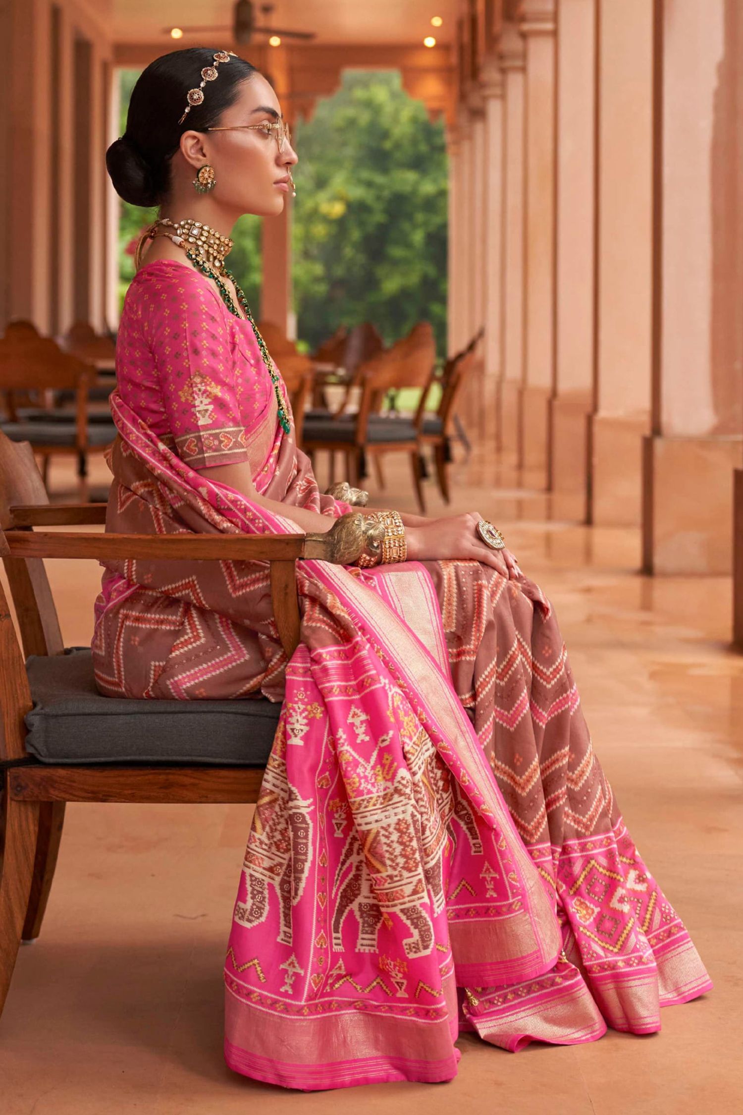 MySilkLove Sepia Skin Brown and Pink Patola Printed Silk Saree