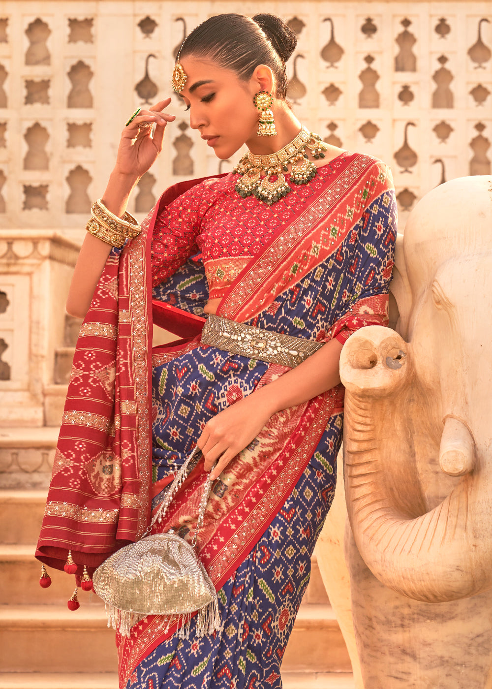 Buy MySilkLove Thunder Blue and Red Woven Patola Silk Saree Online