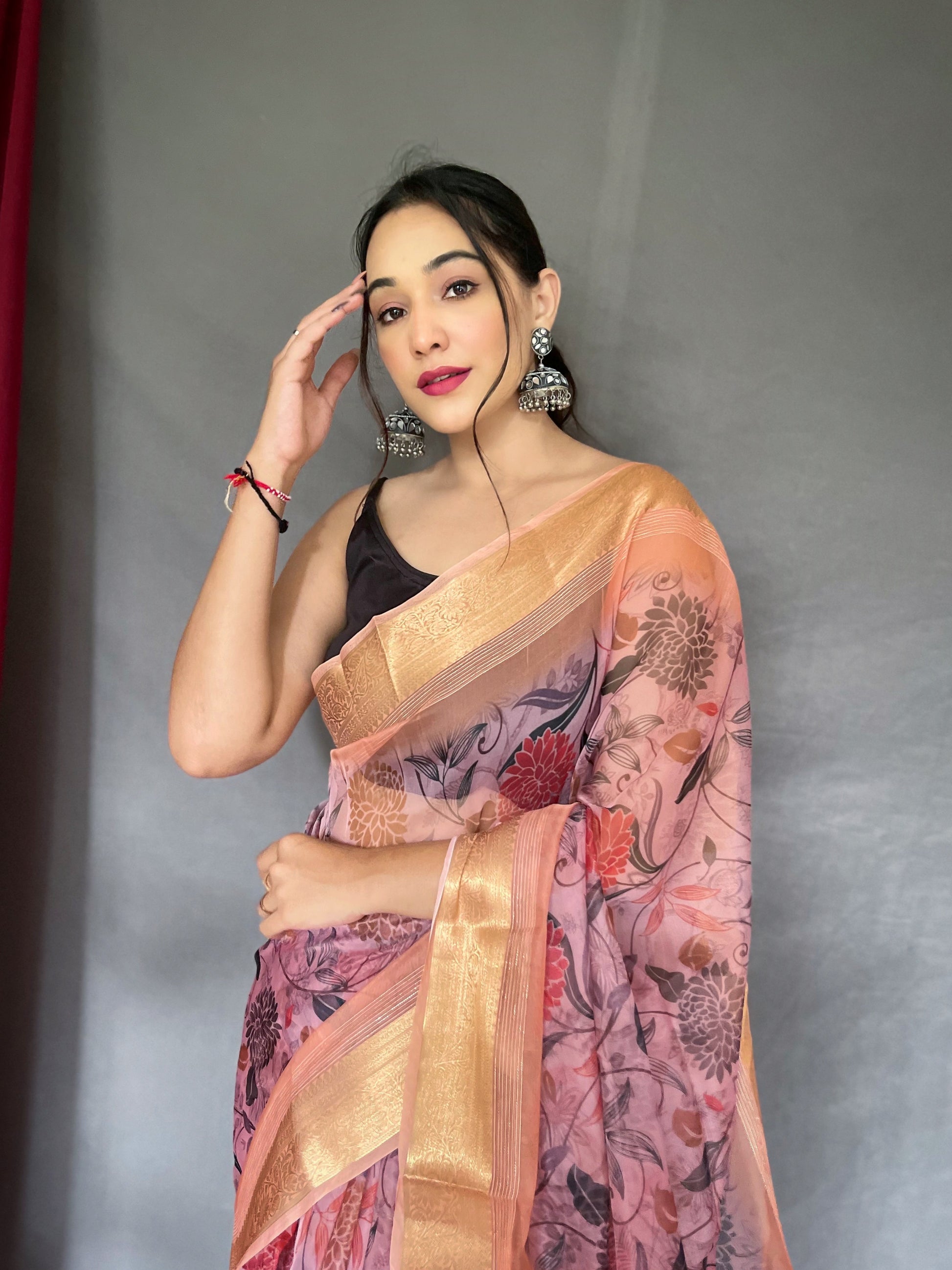 Buy MySilkLove Oriental Pink Organza Floral Printed with Sequins Jacquard Woven Saree Online