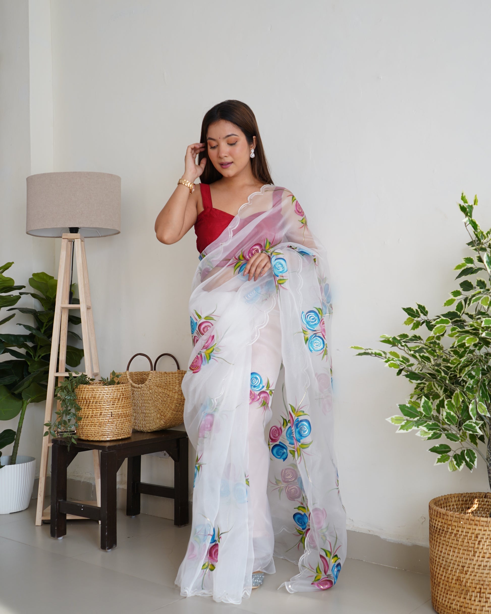 Buy MySilkLove Mischka White Organza Printed Floral Saree Online