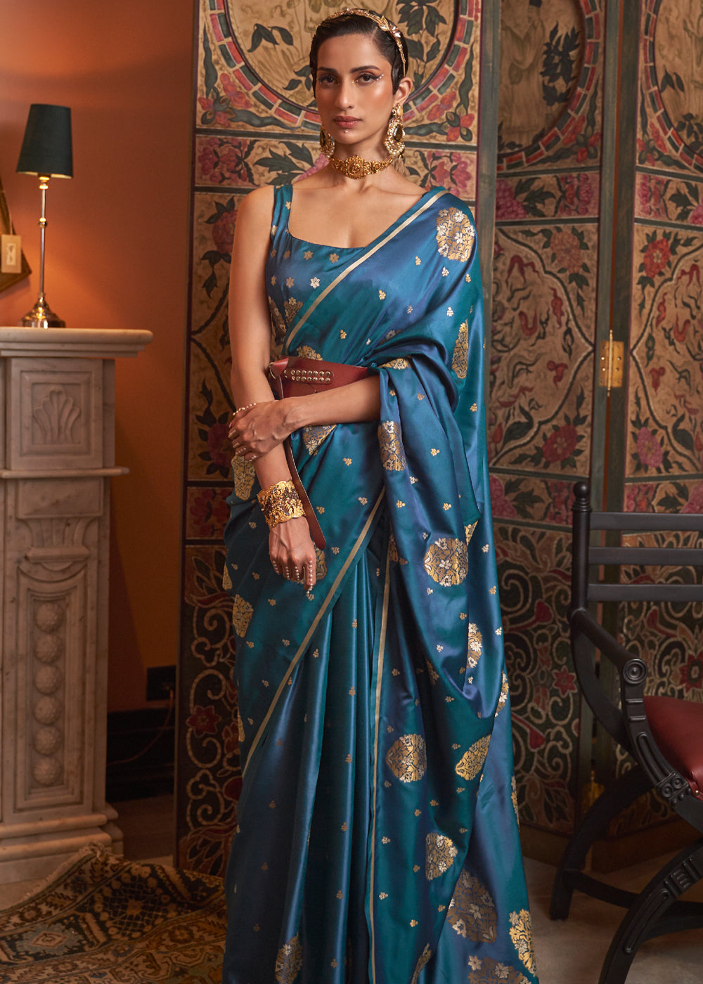 Buy MySilkLove Kashmir Blue Woven Satin Silk Saree Online