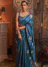 Kashmir Blue Woven Satin Silk Saree