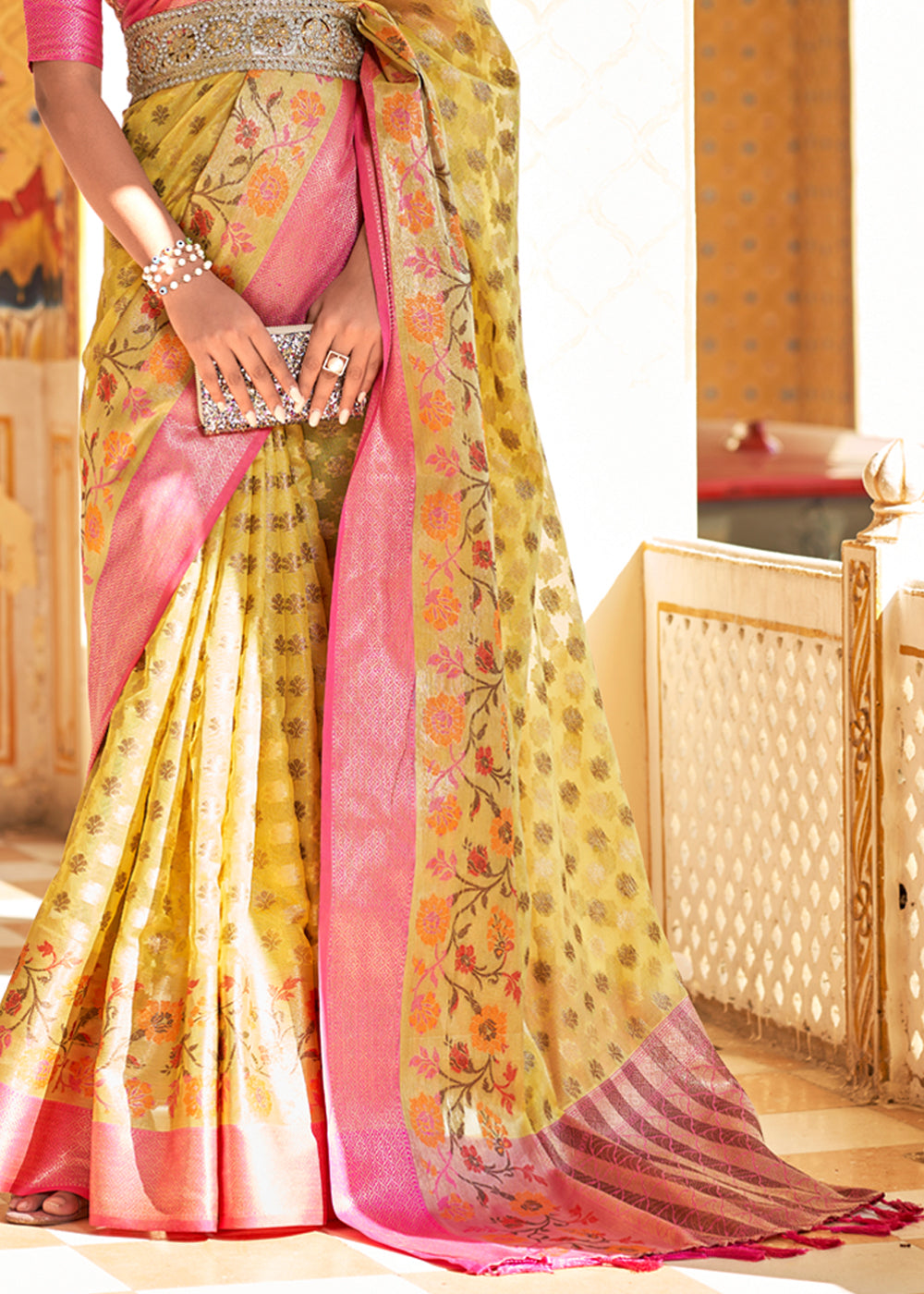 Buy MySilkLove Equator Yellow and Pink Banarasi Tissue Woven Silk Saree Online