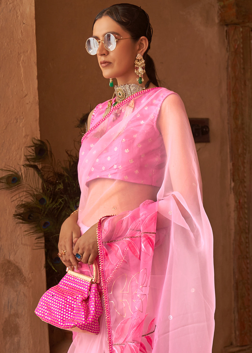 Buy MySilkLove Petite Pink Digital Print Organza Saree Online