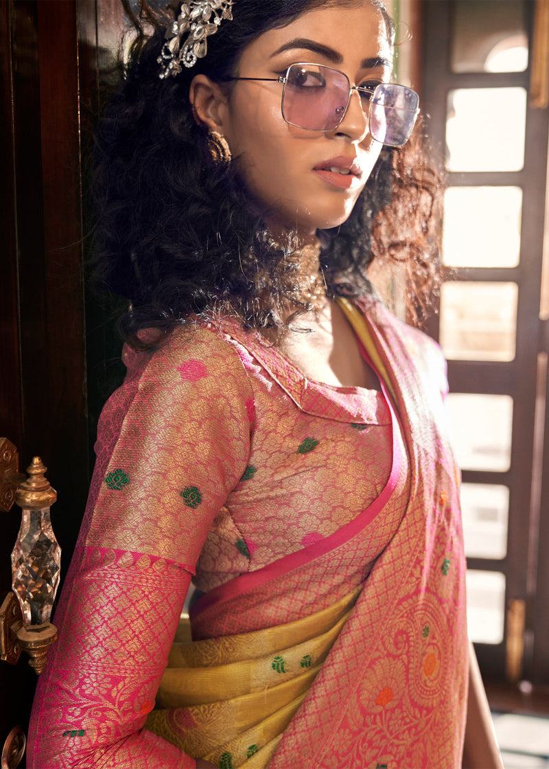 Wild Rice Yellow and Pink Woven Banarasi Organza Silk Saree MySilkLove