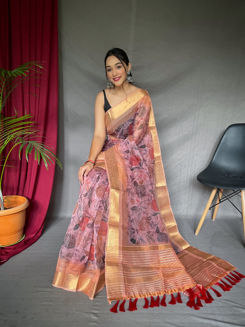 Oriental Pink Organza Floral Printed with Sequins Jacquard Woven Saree