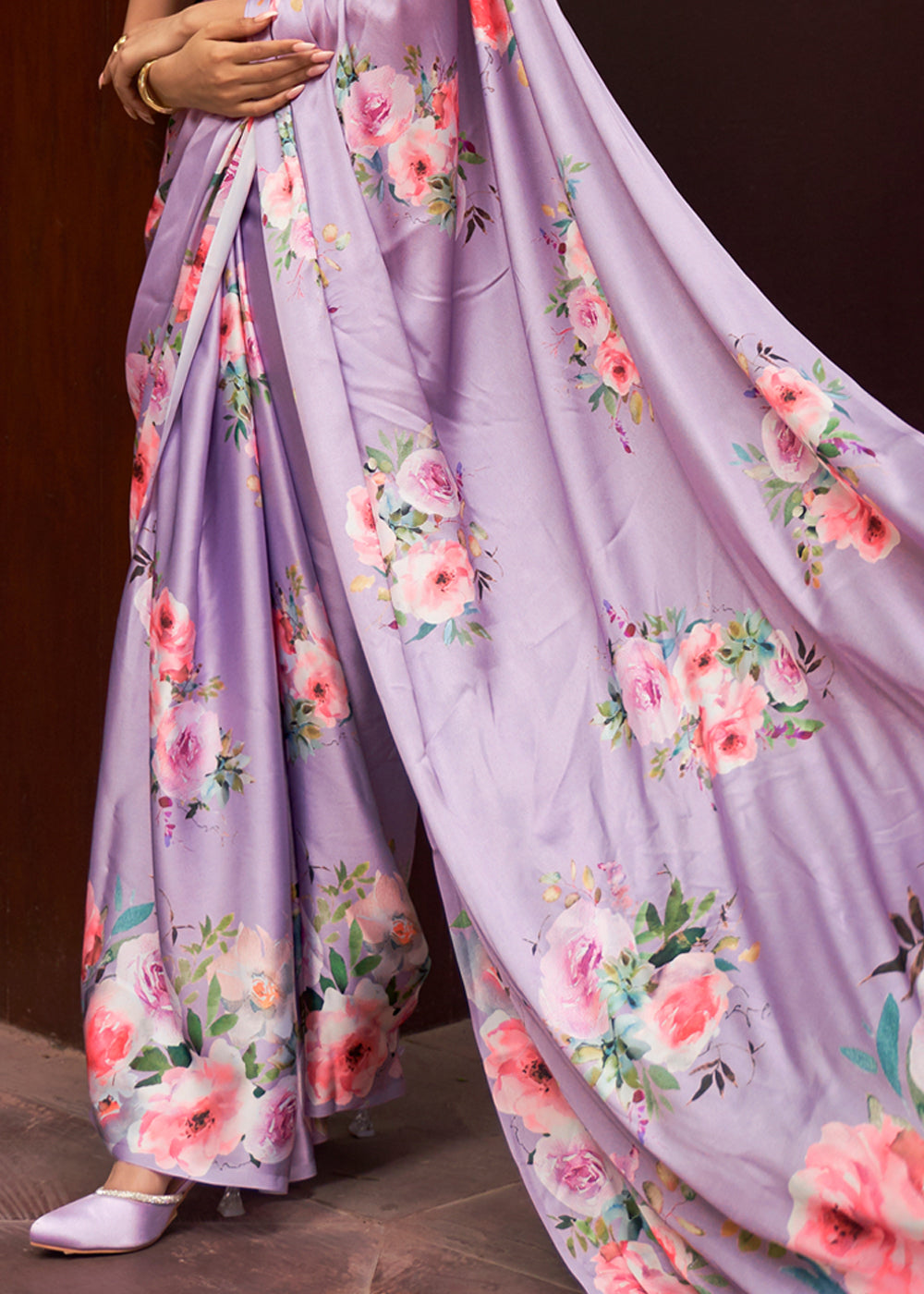 Bouquet Purple Floral Printed Satin Silk Saree