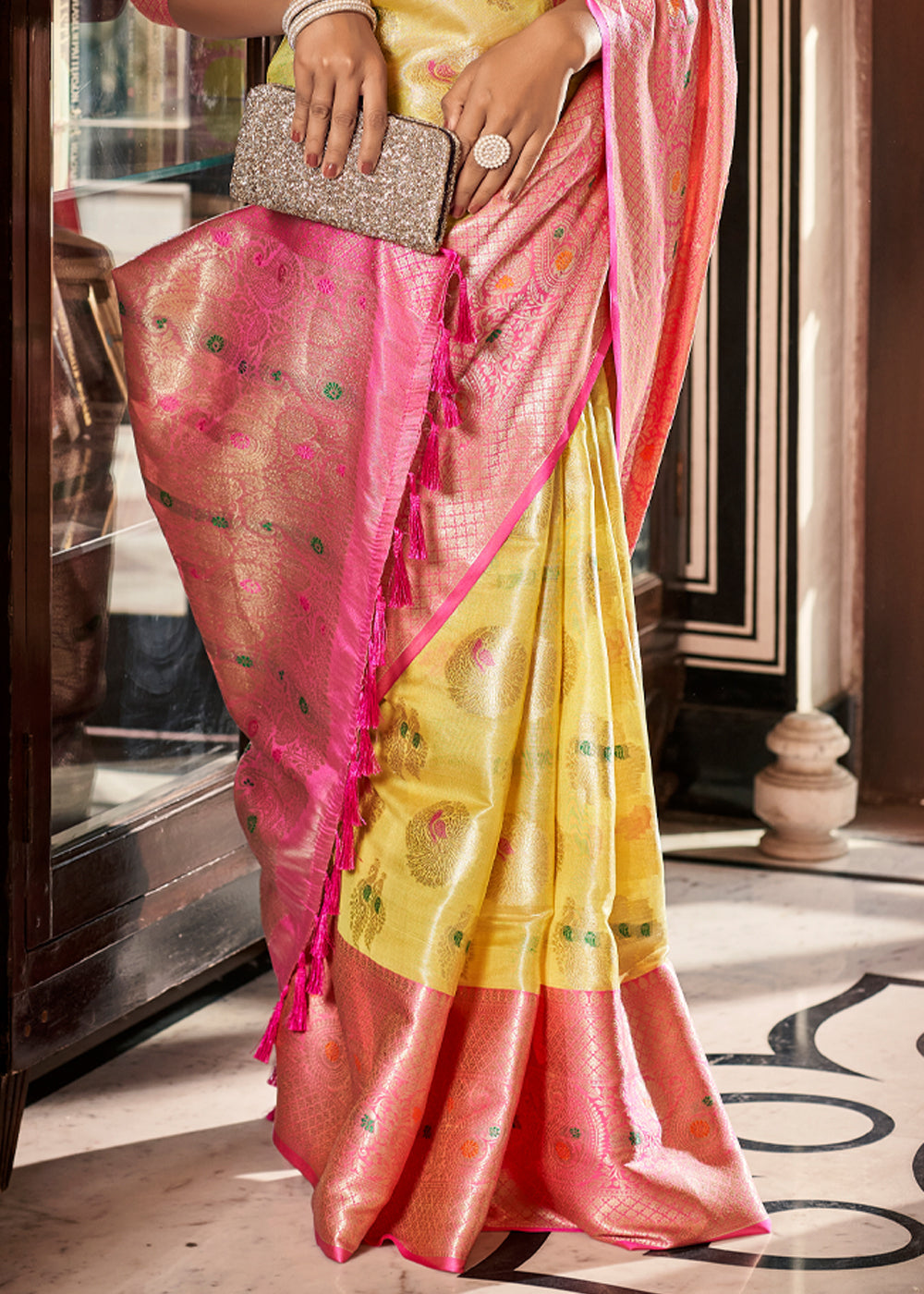 Buy MySilkLove Wild Rice Yellow and Pink Woven Banarasi Organza Silk Saree Online