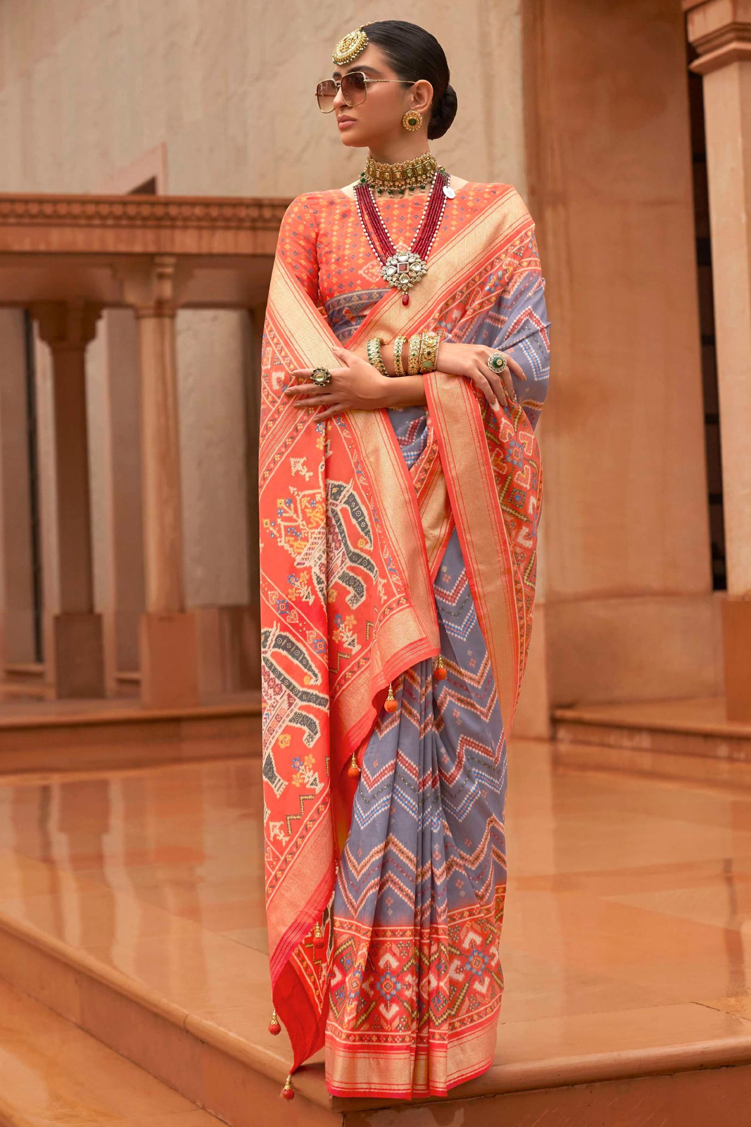 Buy MySilkLove Light Purple and Orange Patola Printed Silk Saree Online