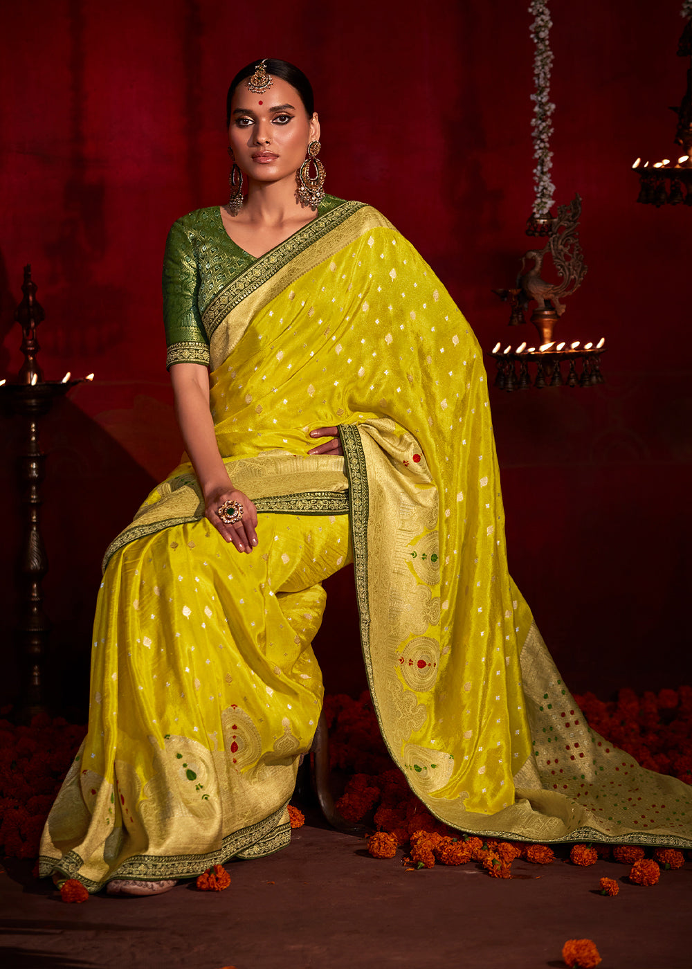 Buy MySilkLove Gold Tips Yellow Woven Banarasi Georgette Silk Saree Online