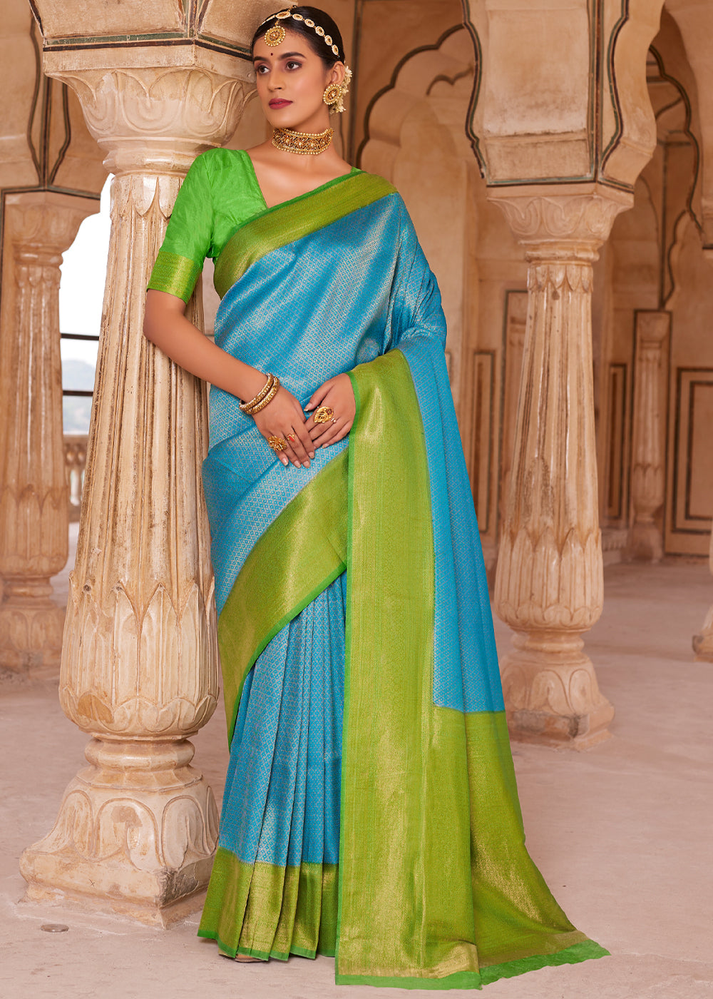 Buy MySilkLove Eastern Blue and Green Woven Kanjivram Silk Saree Online