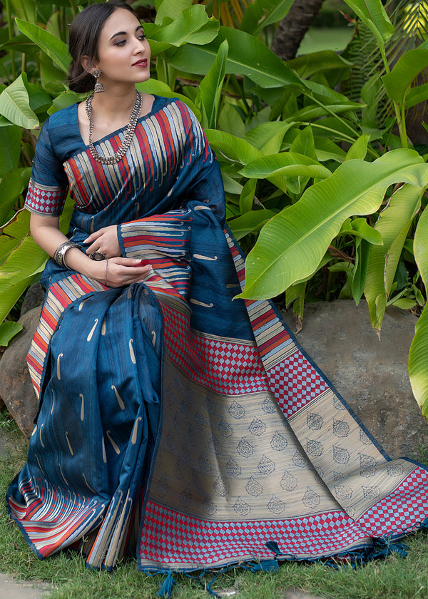Elephant Blue Tussar Raw Silk Saree