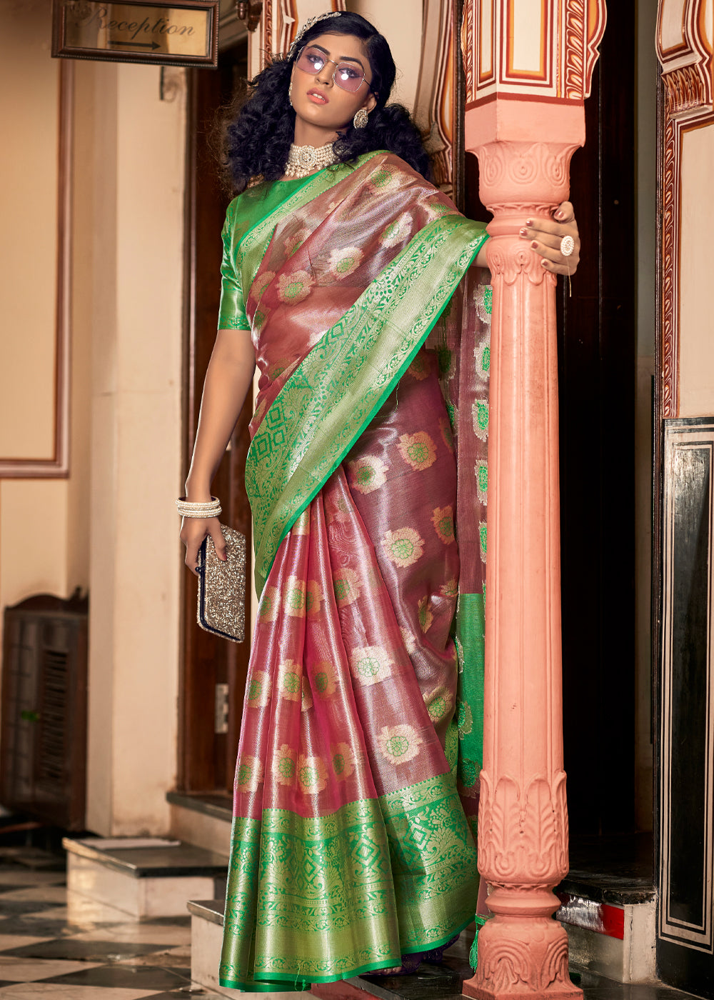 Buy MySilkLove Tosca Brown and Green Woven Banarasi Organza Silk Saree Online