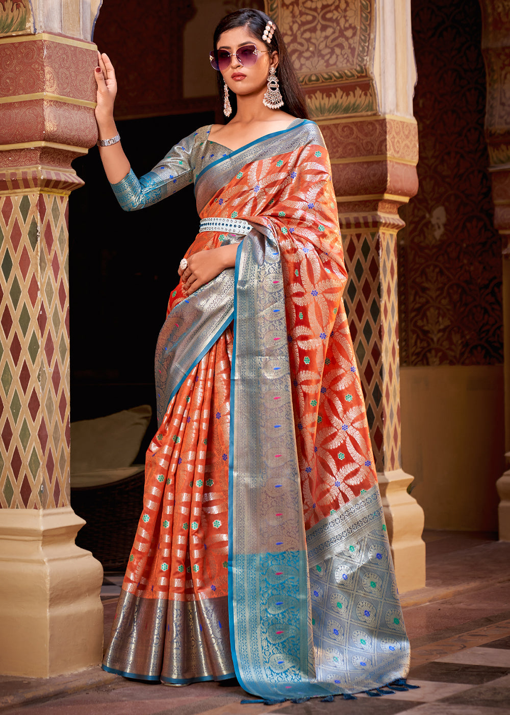 Buy MySilkLove Burnt Sienna Orange Banarasi Tissue Woven Silk Saree Online
