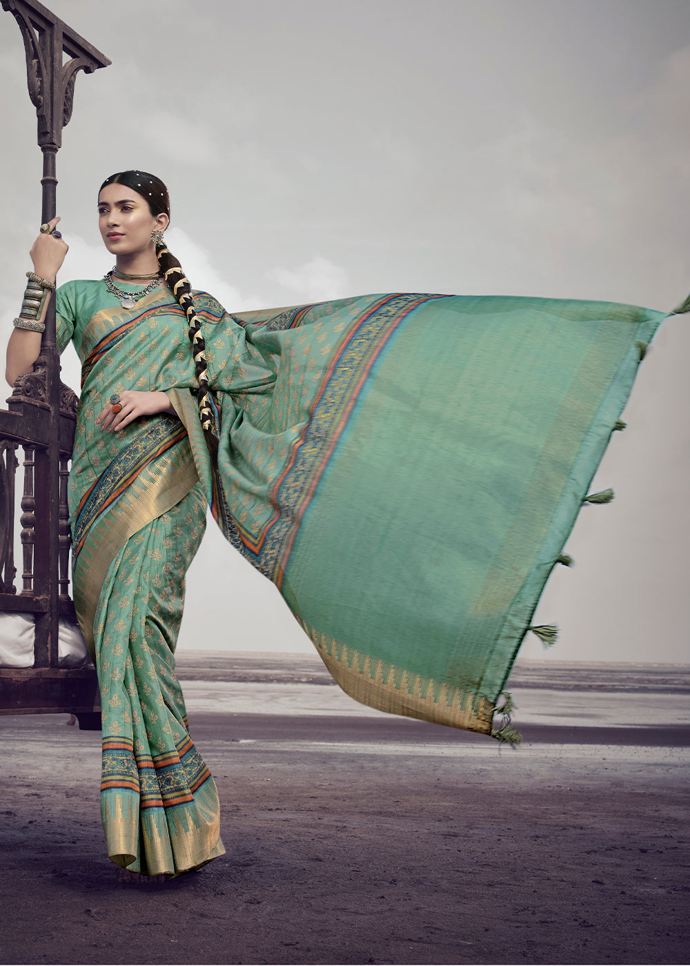 Buy MySilkLove Oxley Green Printed Designer Silk Saree Online