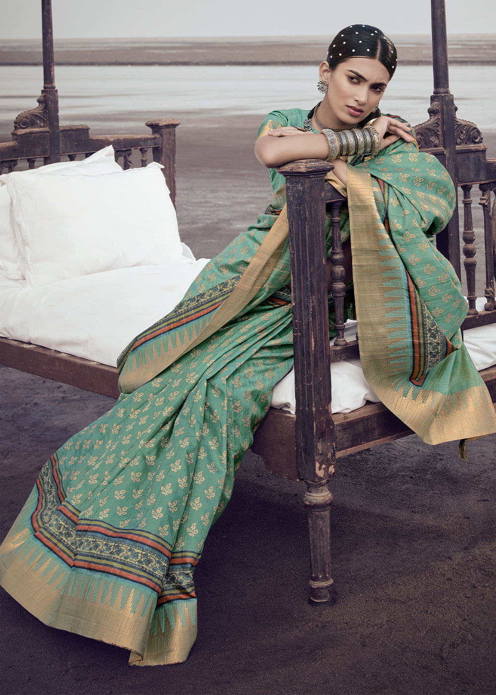 MySilkLove Oxley Green Printed Designer Silk Saree