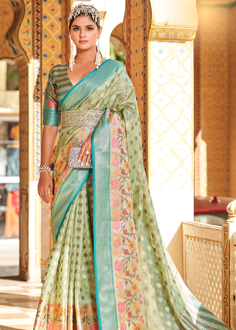 Buy MySilkLove Norway Green Banarasi Tissue Woven Silk Saree Online