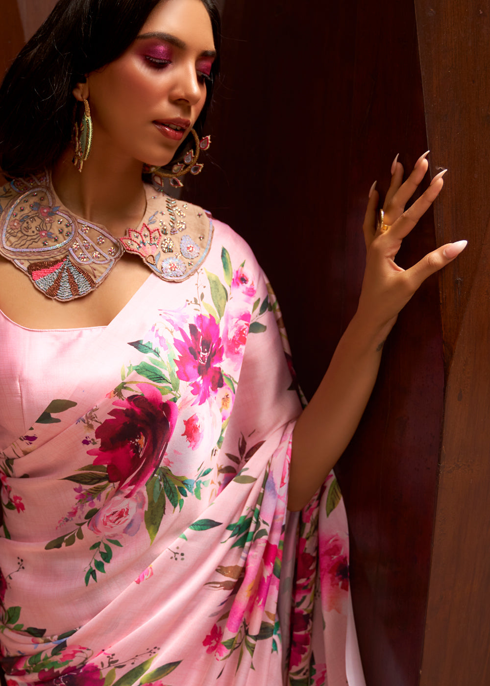 MySilkLove Cupid Pink Floral Printed Satin Silk Saree