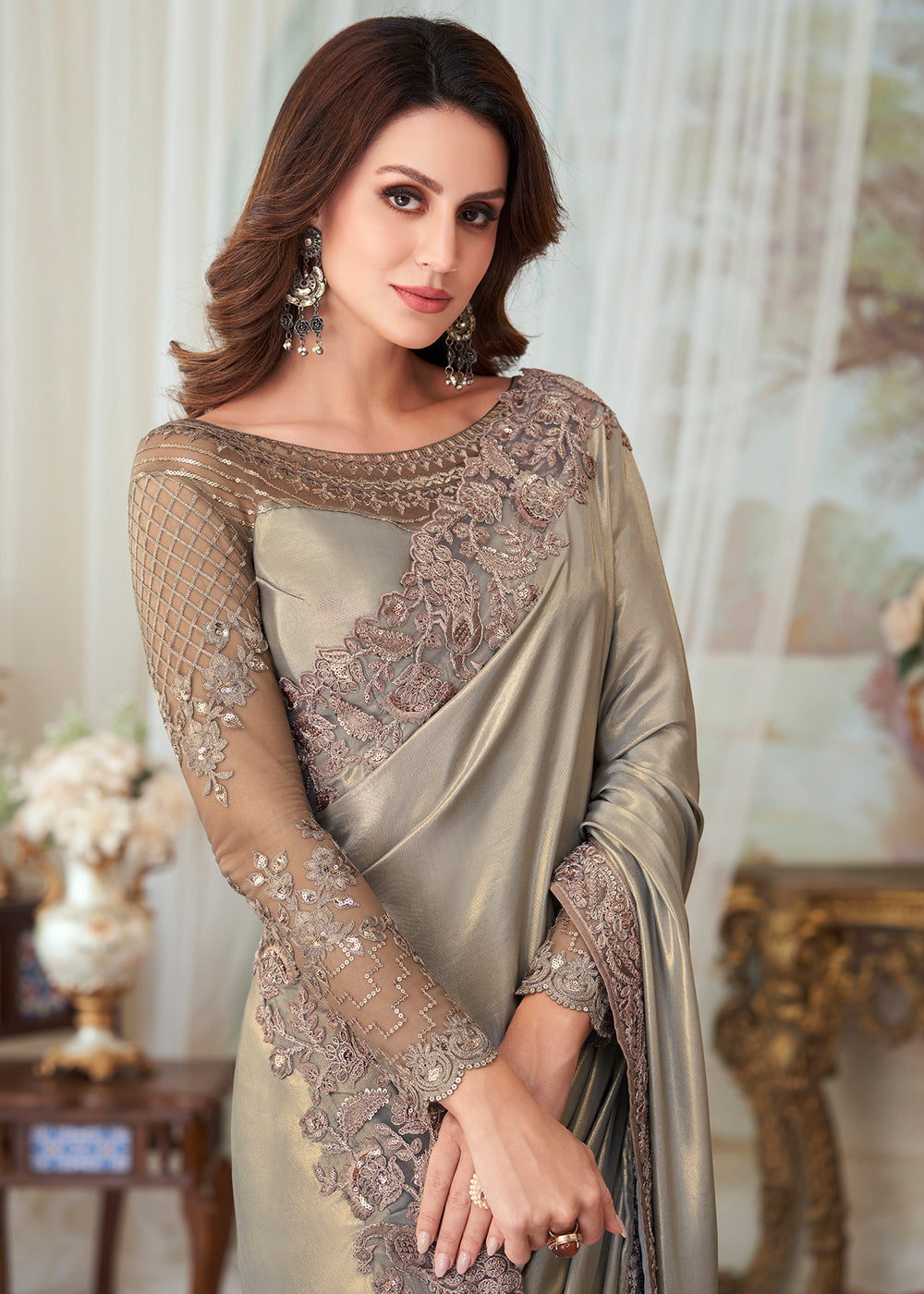 Buy MySilkLove Royal Grey Designer Embroidered Satin Silk Saree Online