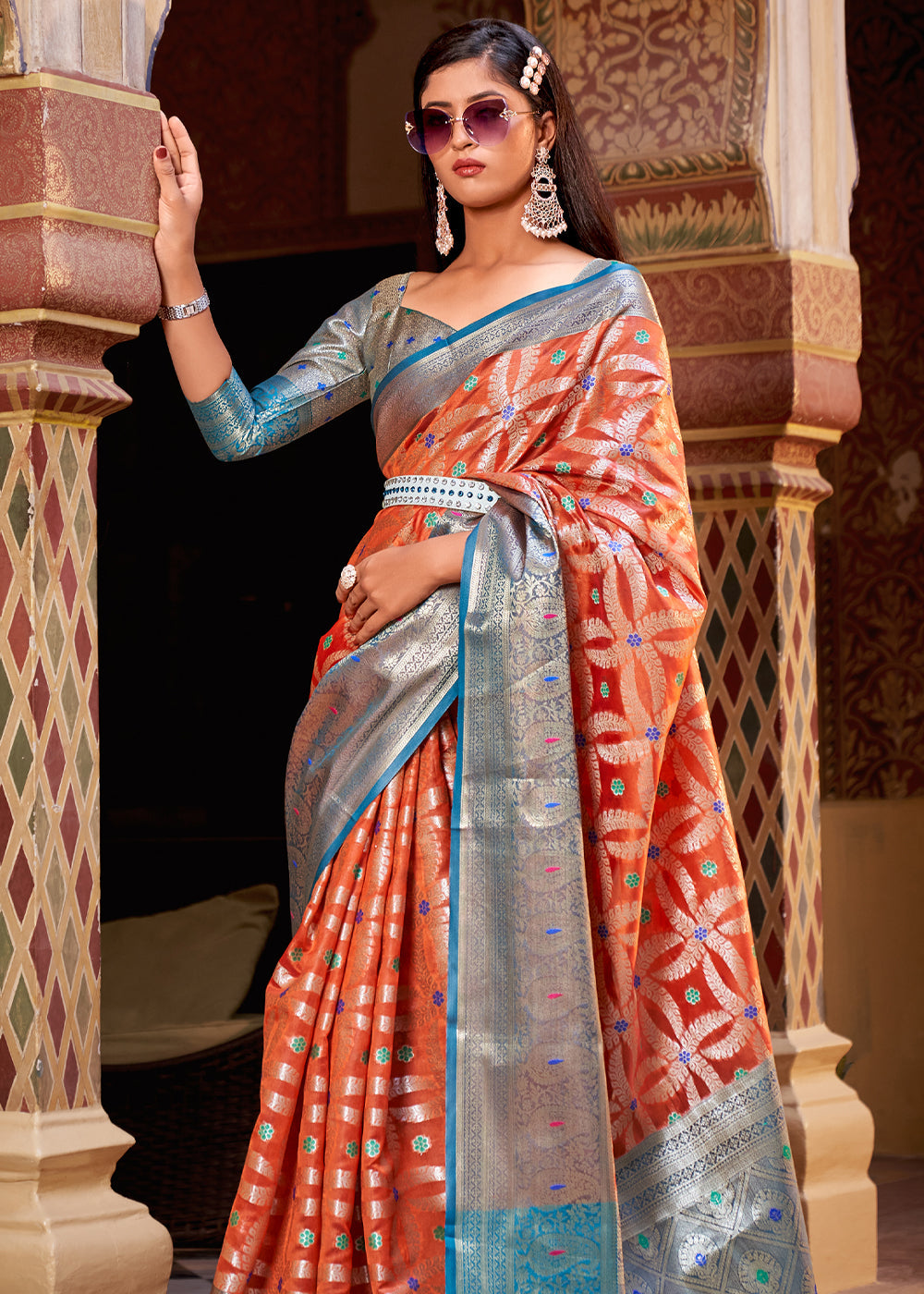 Buy MySilkLove Burnt Sienna Orange Banarasi Tissue Woven Silk Saree Online