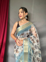 Moon Mist White Organza Floral Printed with Sequins Jacquard Woven Saree