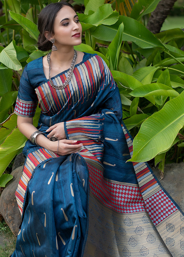 Elephant Blue Tussar Raw Silk Saree