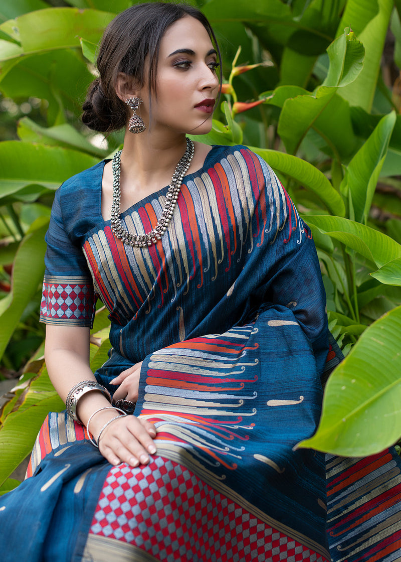 Elephant Blue Tussar Raw Silk Saree