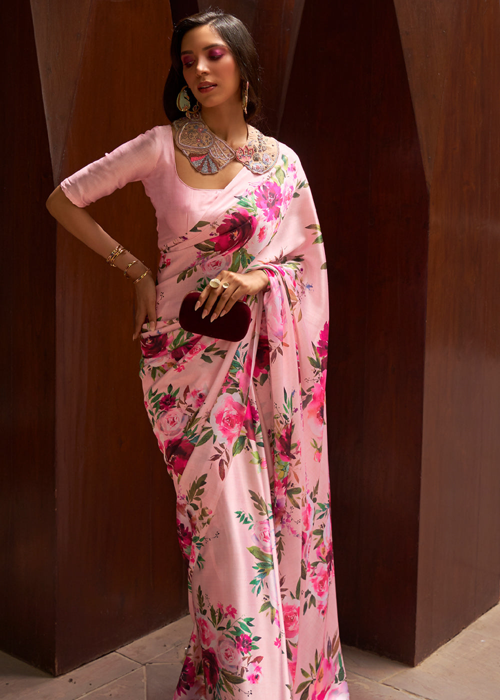 Buy MySilkLove Cupid Pink Floral Printed Satin Silk Saree Online