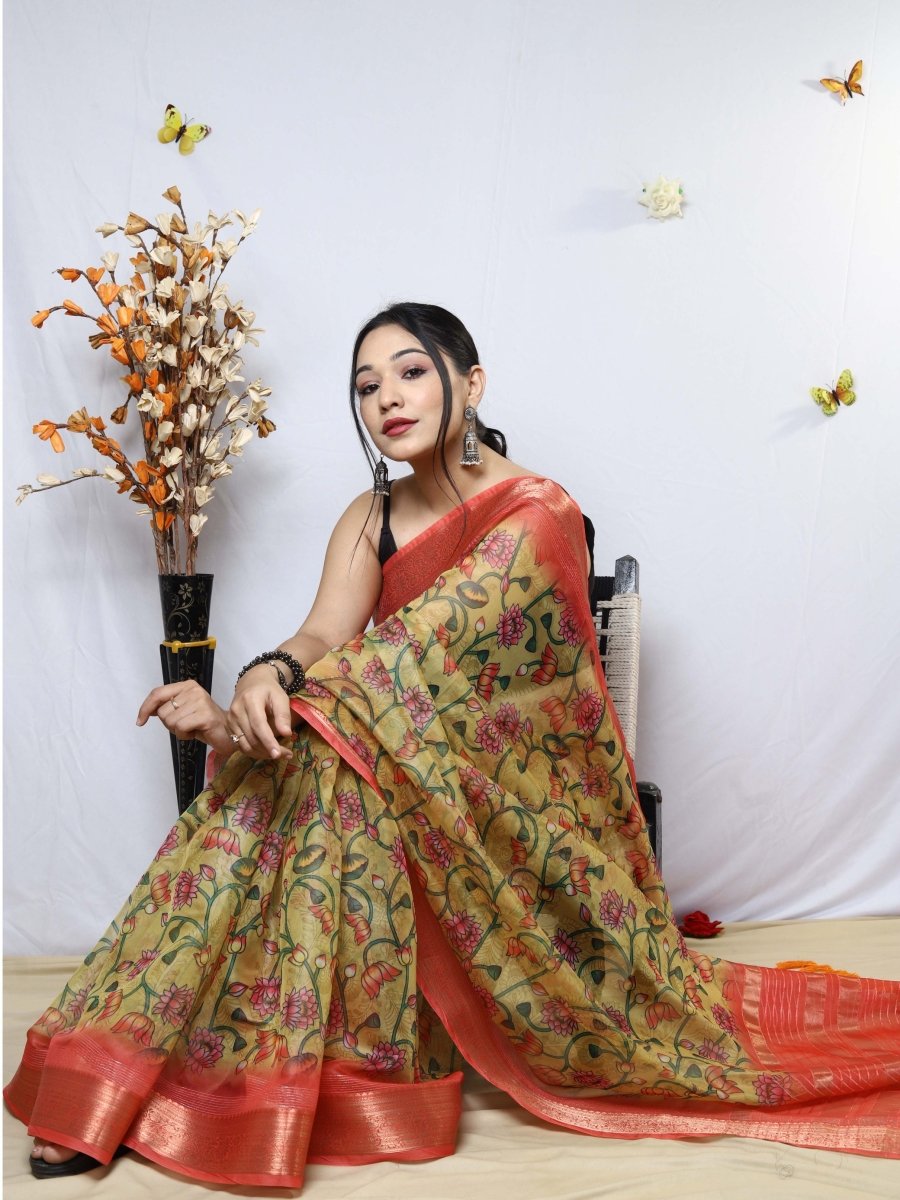 MySilkLove Calico Yellow Organza Kalamkari Printed with Sequins Jacquard Woven Saree