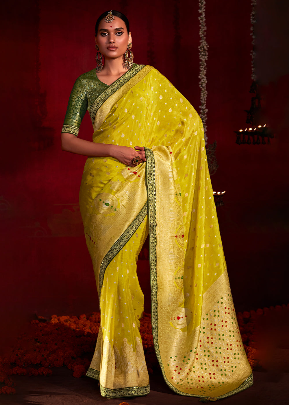 Buy MySilkLove Gold Tips Yellow Woven Banarasi Georgette Silk Saree Online