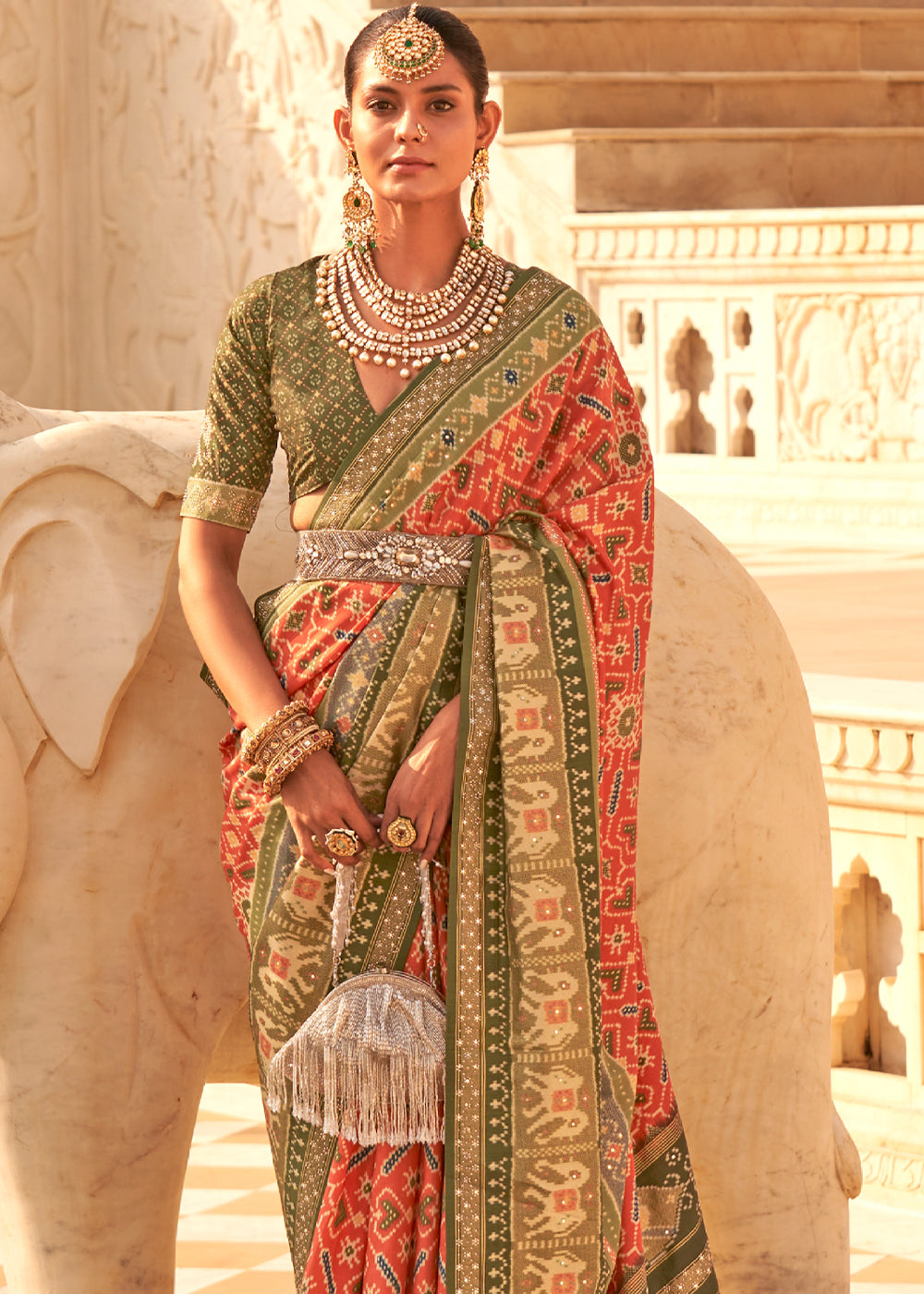 Buy MySilkLove Sandy Orange and Green Handloom  Woven Patola Silk Saree Online